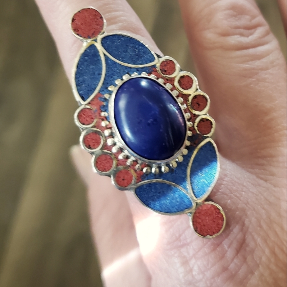 *$15 Sale* New Huge Lapis Lazuli & Coral Adjustable Silver Cuff Ring.